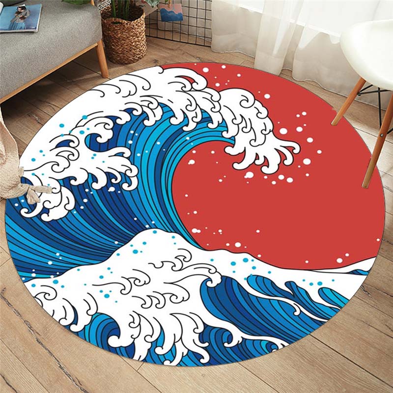 Японский журавль, круглый коврик, японская морская волна, укиё-э, круглый ковер, круглые ковры для гостиной, спальни