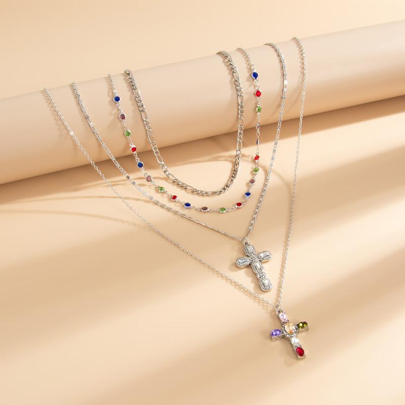 3/4Pcs Simple Jesus Cross Pendant Choker Stacking Necklace For Women Trendy Colorful Crystal Chain Christian Jewelry Gift
