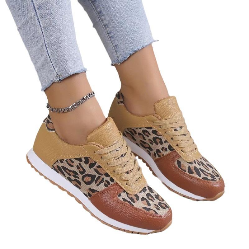 2024 Новые женские повседневные туфли на шнуровке с низким верхом на плоской подошве, женские туфли с леопардовым принтом, спортивная обувь больших размеров