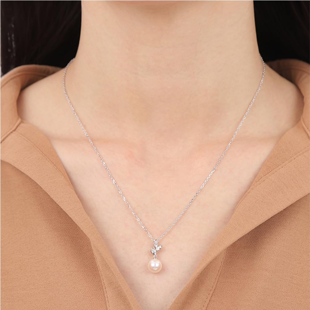 Жемчужно-бриллиантовое ожерелье с одним бриллиантом, натуральный бриллиант Akoya, подлинный жемчуг, подарочный аксессуар, 45 см, серебро 925 пробы [OKKO], женское, 0,02 карата, 7,5 мм (Листовой Мотив)