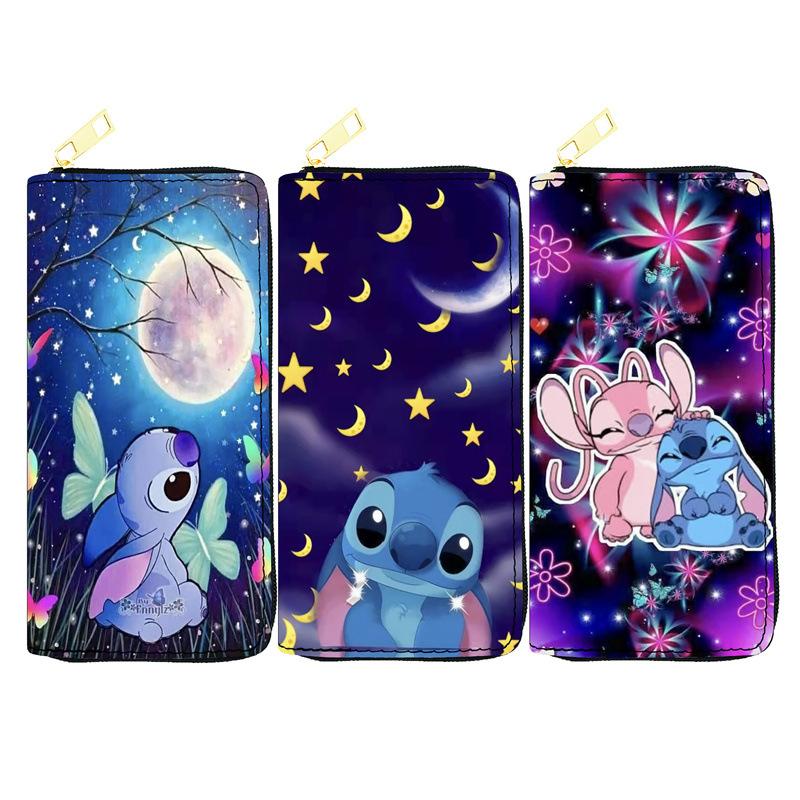 Stitch PU Long Wallet Student Purse Single Zipper Bag Makeup Bag Anime Passport Bag 3pcs