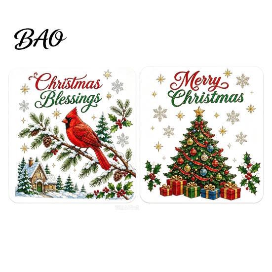 Shopping Mall Christmas Stickers 2Pcs Wall Stickers, Snowy Cottage Tree Self Adhesive Decals, Waterproof PVC Party Snow Scene Holiday Decals for Home