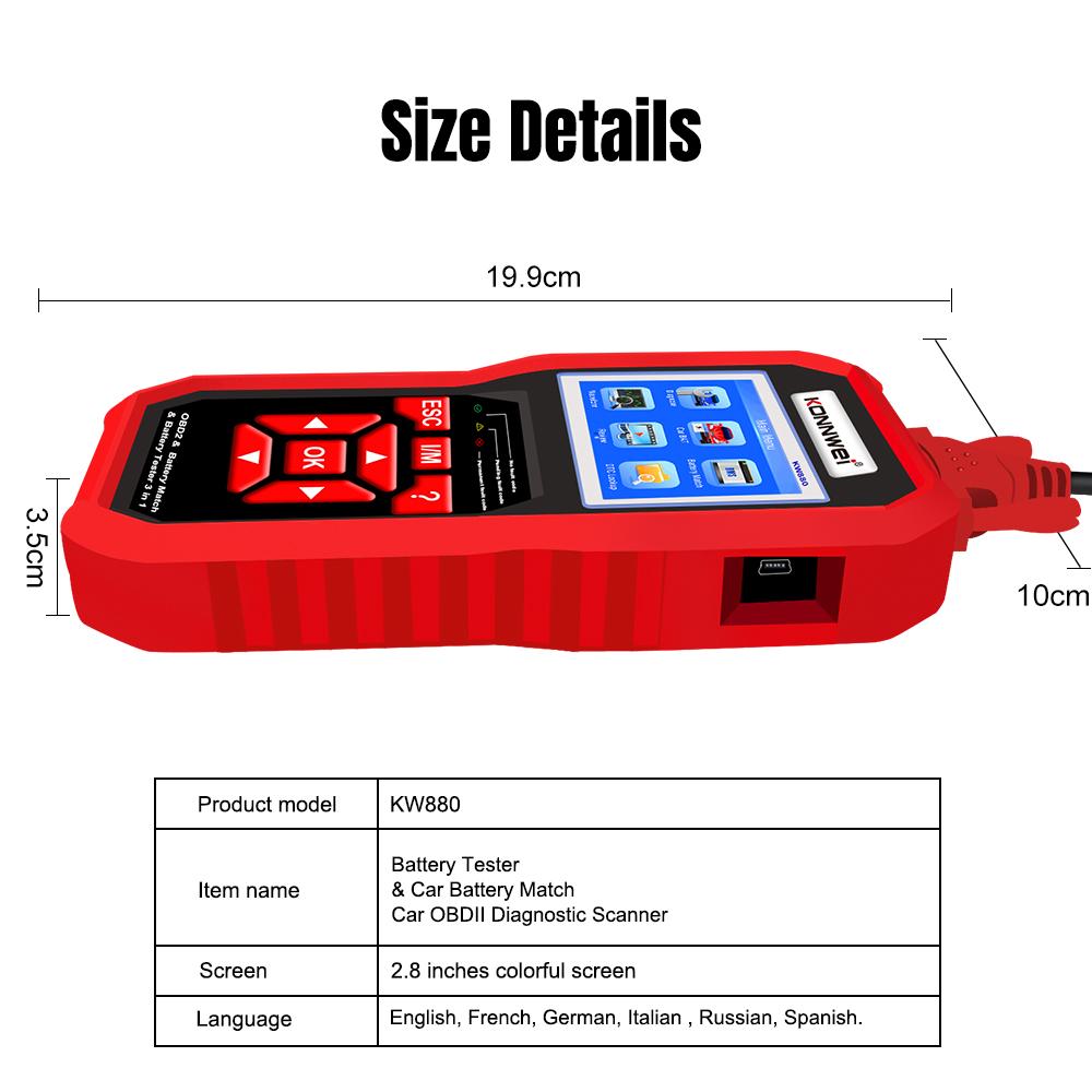 KONNWEI KW880 12 В автомобильный тестер-анализатор аккумулятора, автоматический диагностический инструмент, 3 в 1 автомобильный сканер OBD2, считыватель кодов