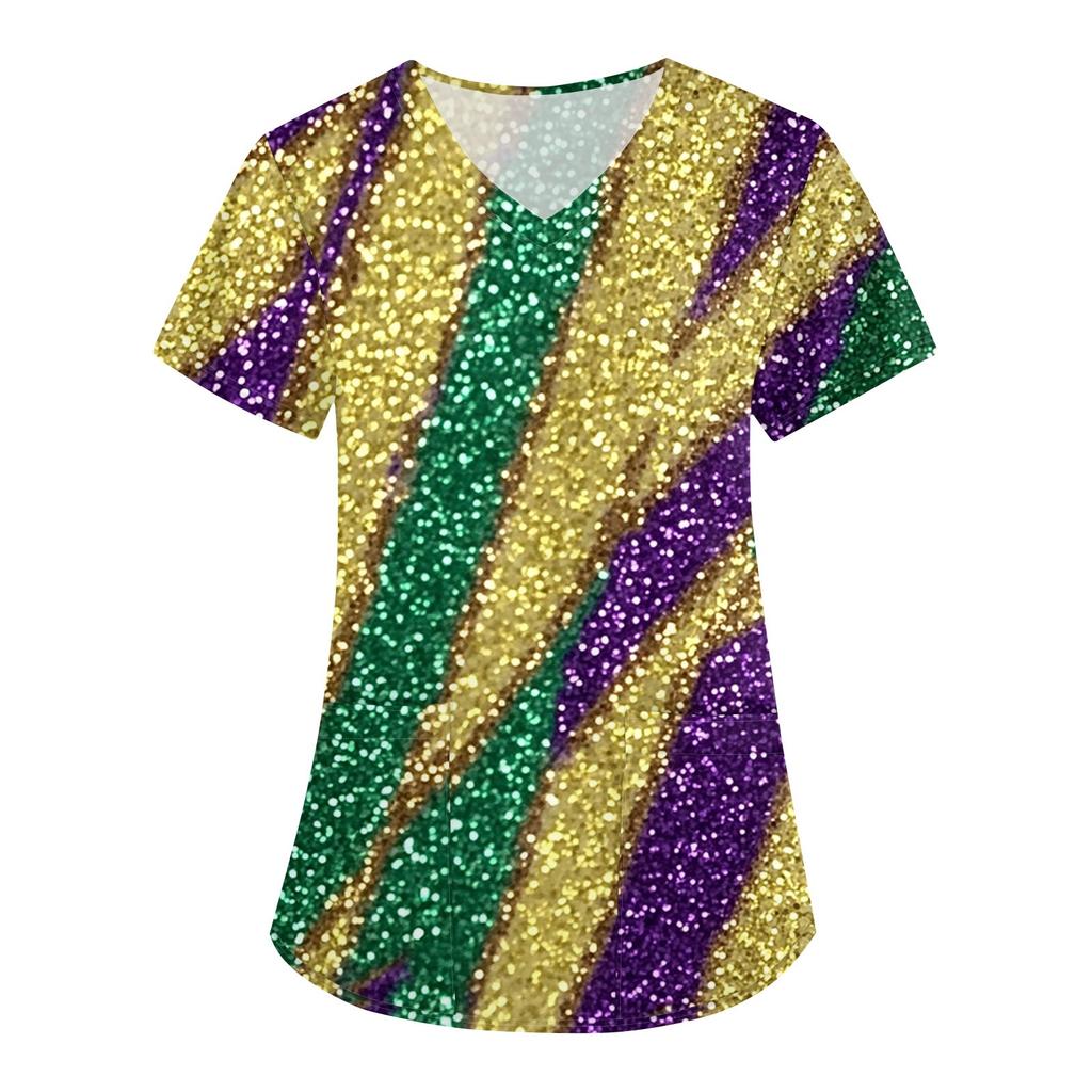 Женская карнавальная принтовая свободная униформа с V-образным вырезом и карманом с коротким рукавом