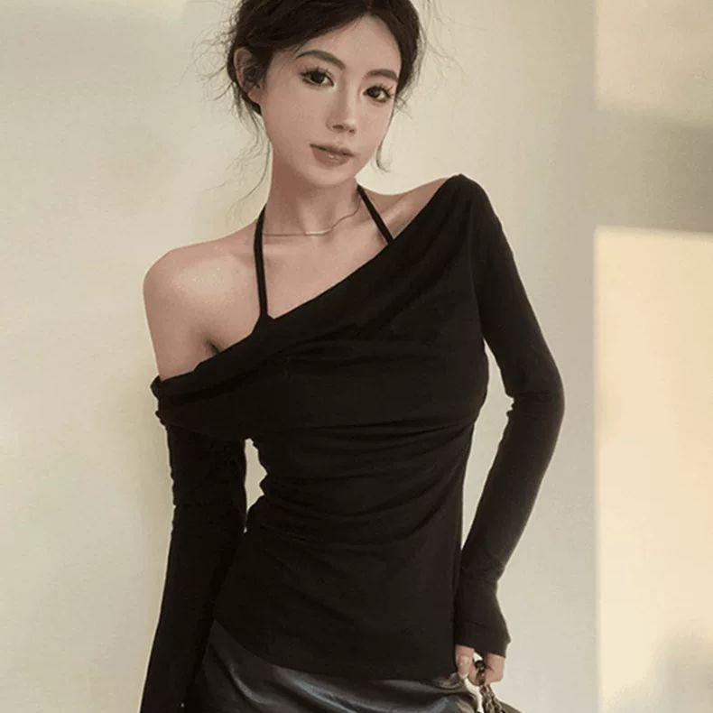 Поддельные две футболки с длинными рукавами и висячим воротником для женщин Pure Desire Wind and Wave Neck Base Shirt Sexy Temperament Top