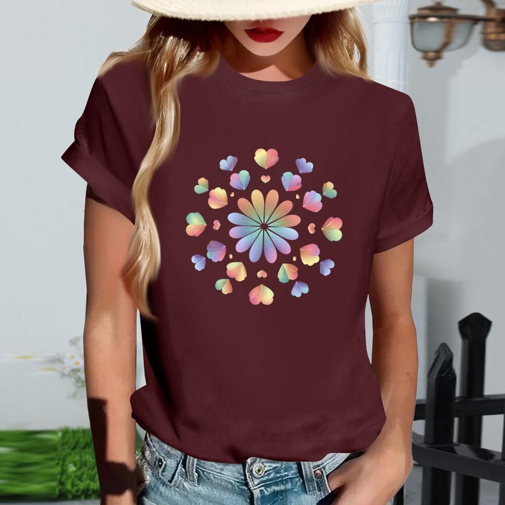 Women's Fashionable Round Neck Casual Retro Print Short Sleeved T-shirt Top
