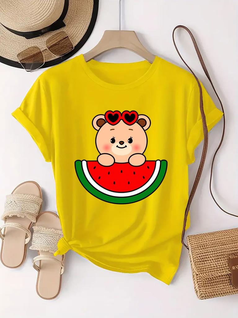 Women Summer Cute Bear with Red Heart Glasses Watermelon Print Casual Daily Crew Neck Comfortable Short Sleeve Tops for Ladies