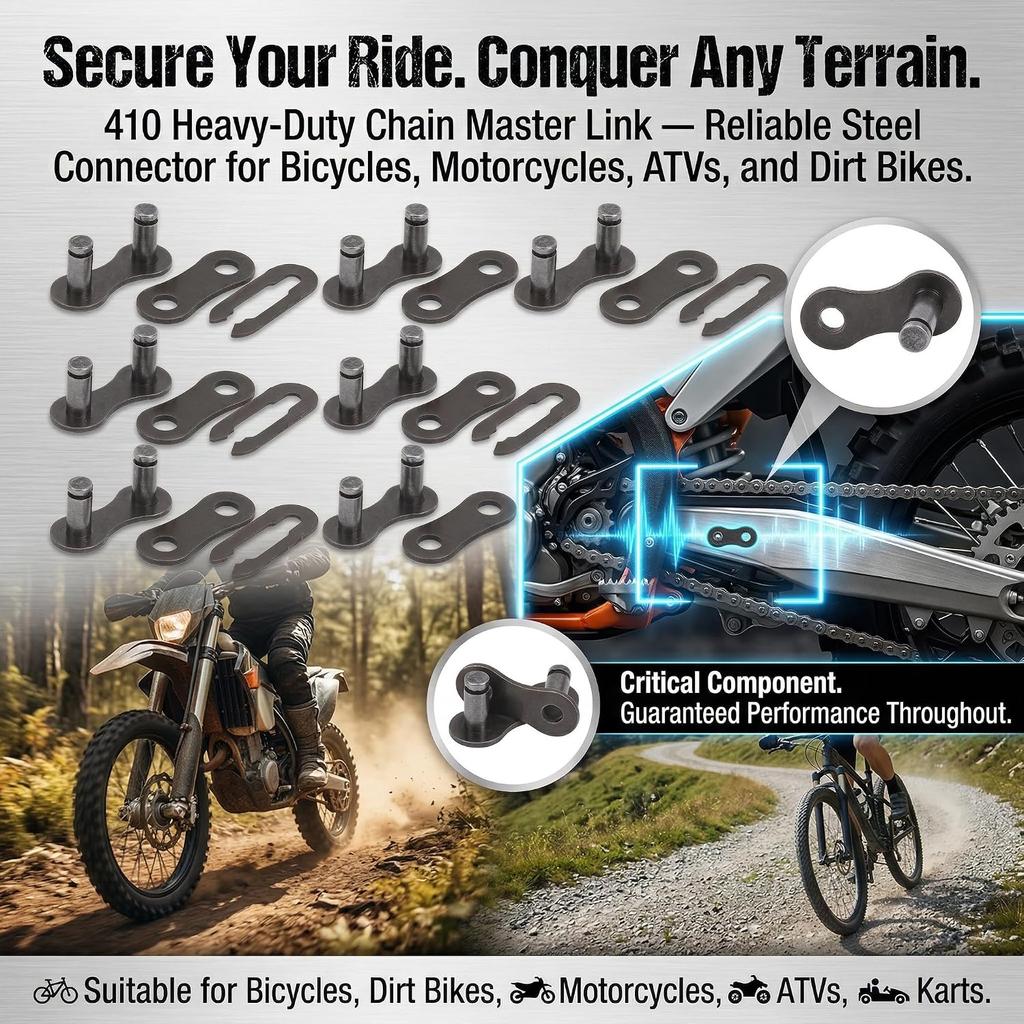Chain Master Link, 10 Set Heavy Duty Steel 410 Chain Master Link, Lightweight Easy to Install Chain Connector Link Motorcycle ATV Dirt Accessory 410