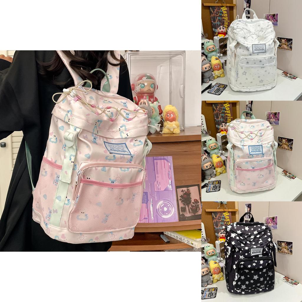 Cute Star Rabbit Bone Printed Student Backpack With Strap Decoration For Daily Commuting