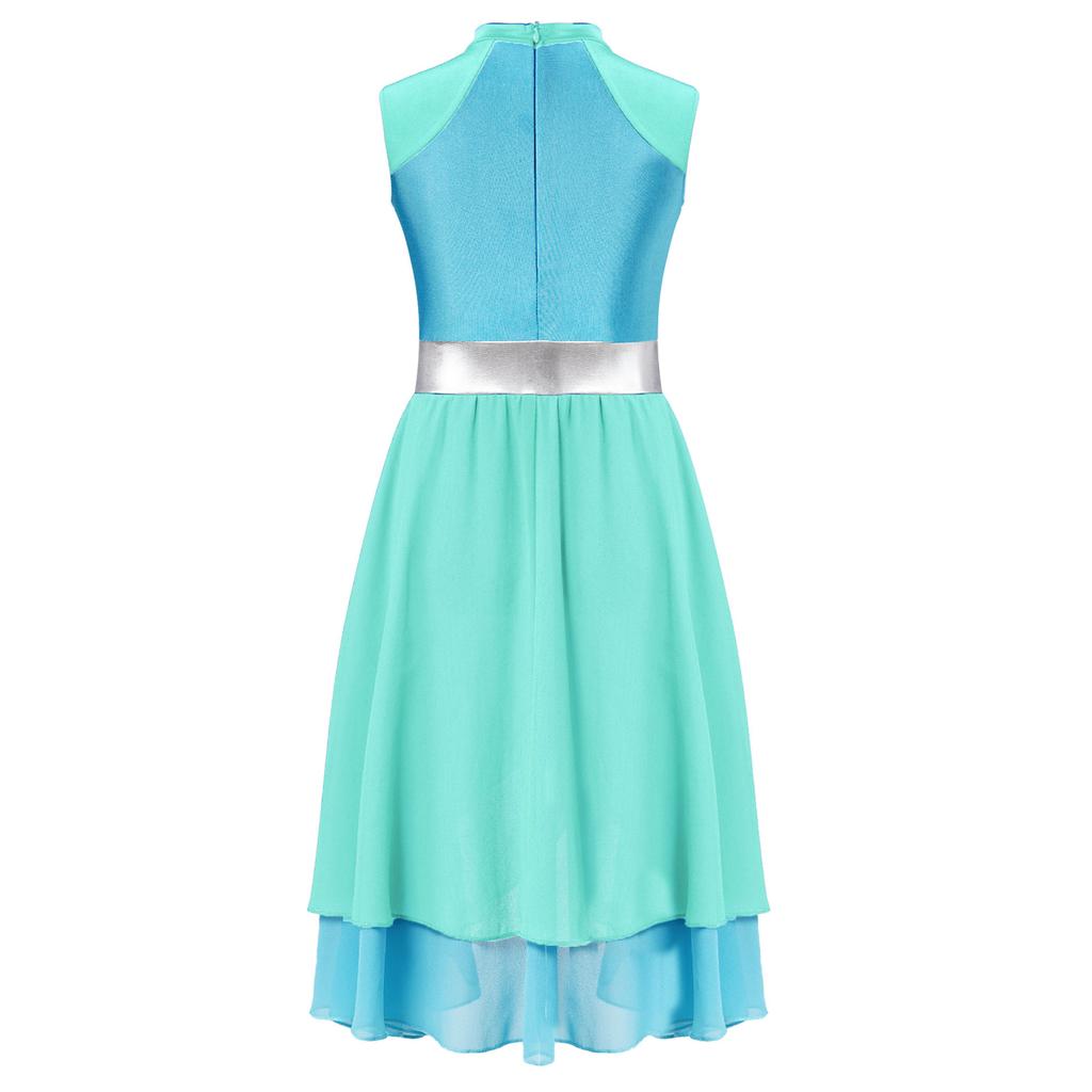 Girls Praise Dance Dress Color Block Mock Neck Sleeveless Tiered Wrap Hem Lyrical Performance Gown