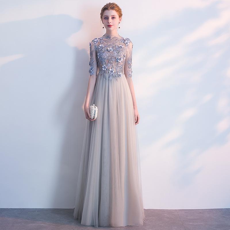 Grey evening dress 1011 new host banquet slim sexy long performance graduation dress dress spring