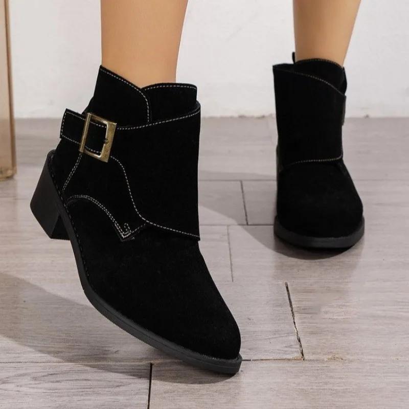 Large Size Ankle Boots for Women Autumn Winter Suede Pointy Toe Chunky Middle Heels Women Shoes Black Brown Short Chelsea Botas