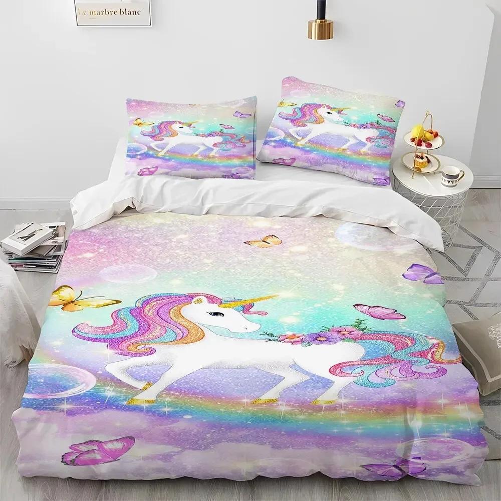 Luxury New 3D Print Unicorn Cute Cartoon Comforter Bedding Set,Duvet Cover Bed Set Quilt Cover Pillowcase,Queen Bedding Set