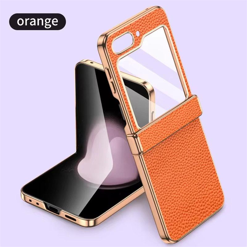 Cowhide Leather Phone Case for Samsung Galaxy Z Flip6 Flip5 Flip 6 5 ZFlip5 Luxury Hinge Protection Cover with Tempered Glass