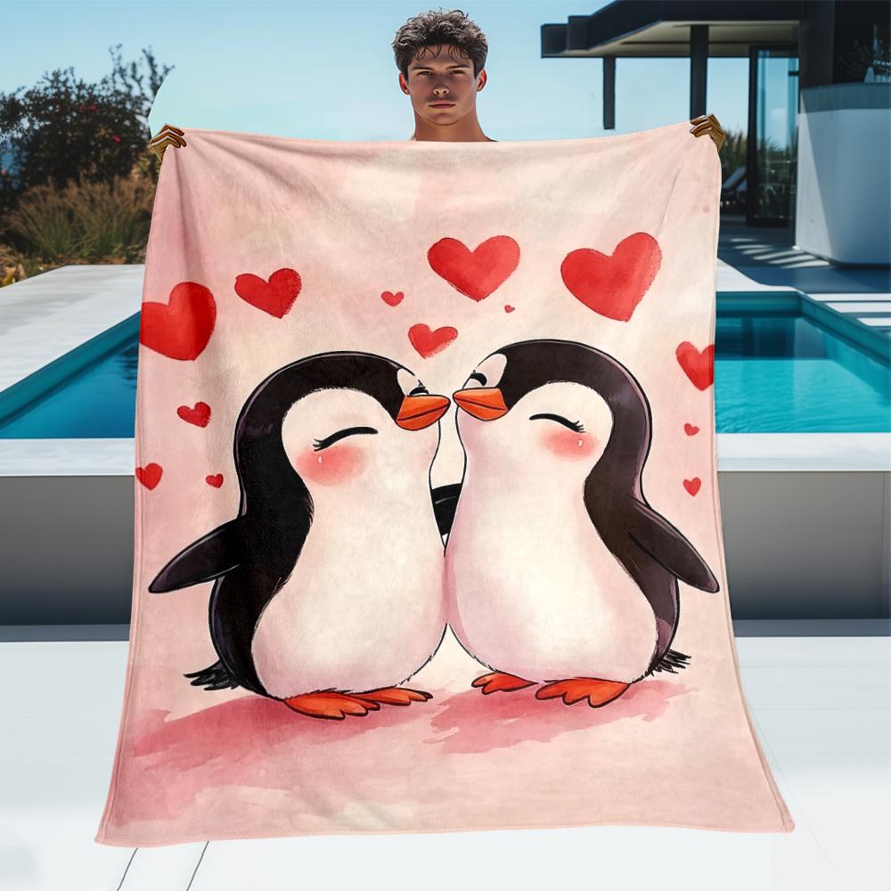 Cute Penguin Couple Love Hearts Fleece Blanket Soft Flannel Throw Valentine Gift For Couples Cozy Bedding Home Decor Warm Winter