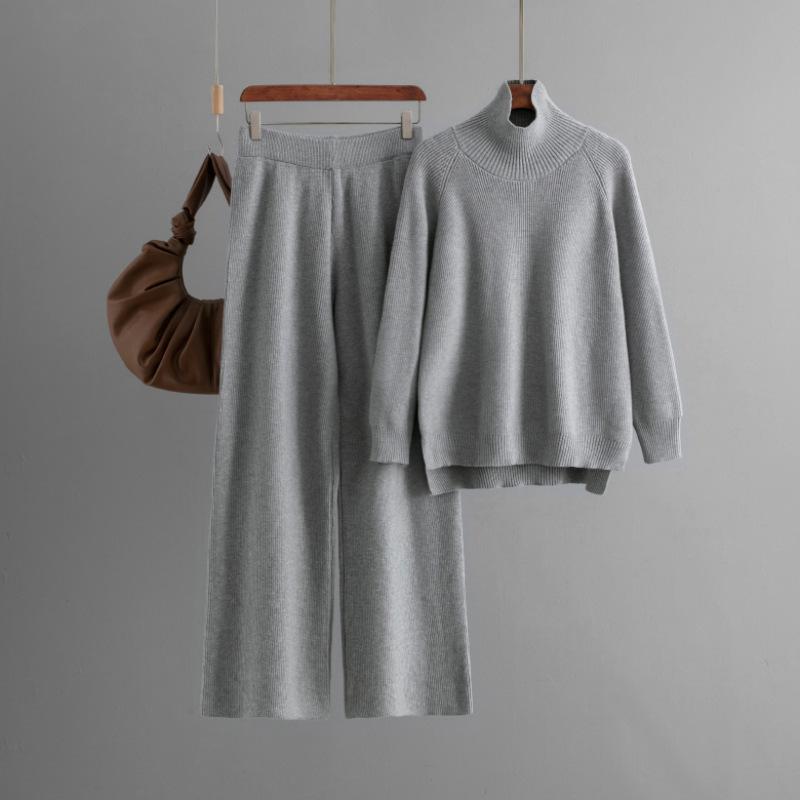 Womens 2 Piece Sweater Set Loose Turtlenck Knit Pullover Top Wide Leg Pants Lounge Matching Sets Fall Winter Travel Outfits Sweatsuit for Women