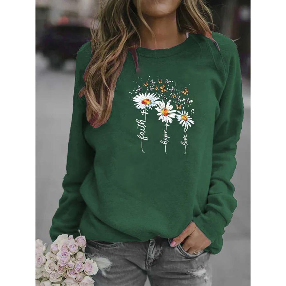 Зимние женские топы с принтом ромашки, женская Повседневная толстовка с круглым вырезом и длинными рукавами, блузка больших размеров