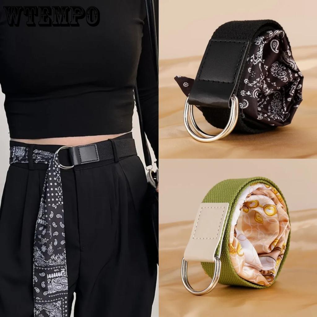WTEMPO Canvas Printed Silk Scarf Belt Women's Fashionable Double-loop Buckle Unique Retro Elegant Versatile Belts