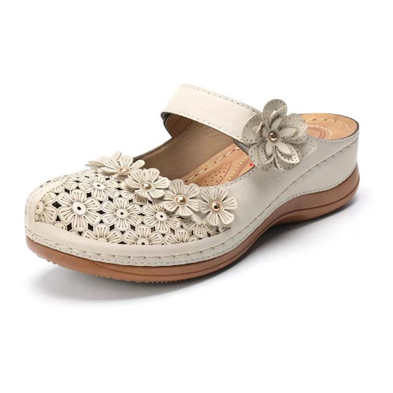 2023 Women's Sandals Large Size Vintage Flat Sandals Round Toe Flower Wedges Thick Sole Slippers for Women