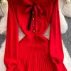 Spring Autumn Women College Stle Polo Color Full Sleeve Bowtie Knitted Sweater Mini Short Pullover Pleated Dresses