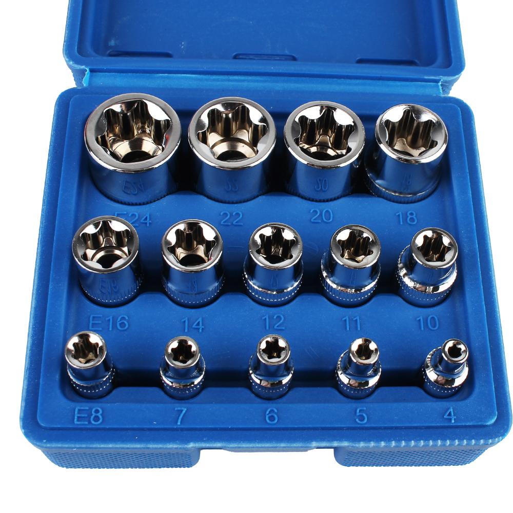 External Torx Socket Set 14-Pieces Female E Torx Socket Set Star Socket Set Auto Repair Tools E4-E24 Car Disassembly Tool Wrench Head with a Case