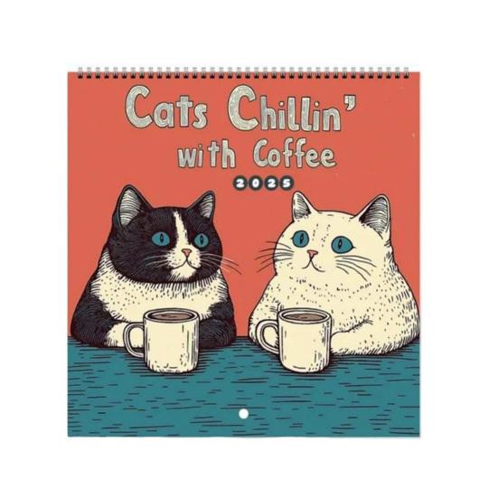 1/2 шт. настенный календарь 2025 года «Кошки отдыхают с кофе», настенный календарь на 12 месяцев, календарь «Кошки с кофе», семейный офисный органайзер для любителей кошек, подарок