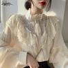 Autumn Korean Sweet Loose Clothes Lace Up Ruffled Women Blouses Fashion Stand Collat Ladies Tops Vintage Lace Shirts Women 11335