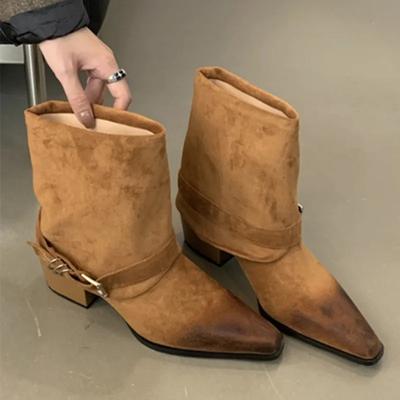 Новые дизайнерские панк-сапоги с острым носком, женские ботильоны с металлической пряжкой на ремне, женские сапоги из искусственной замши в стиле ретро-рыцаря