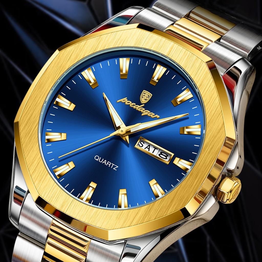 POEDAGAR Luxury Men Wristwatch Waterproof Luminous Week Date Original Man Watch Stainless Steel Sport Quartz Men's Watches