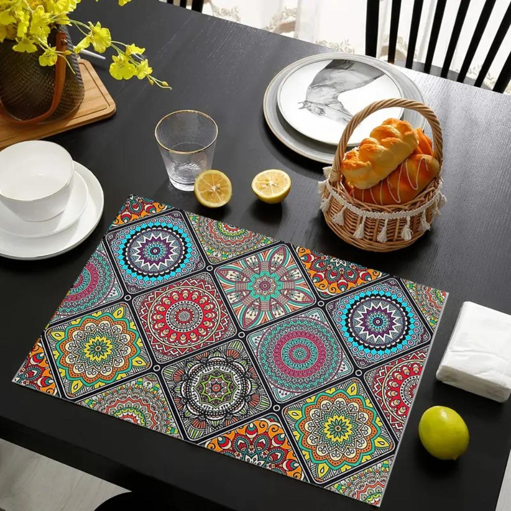 4Pcs Rectangular Boho Mandala Placemats Linen Floral Dining Mats Geometric Table Mat  Dinner