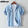 Летние классические джинсовые рубашки с коротким рукавом для мужчин, молодежные повседневные повседневные рубашки из чистого хлопка с отложным воротником и синими джинсовыми рубашками с двойными карманами