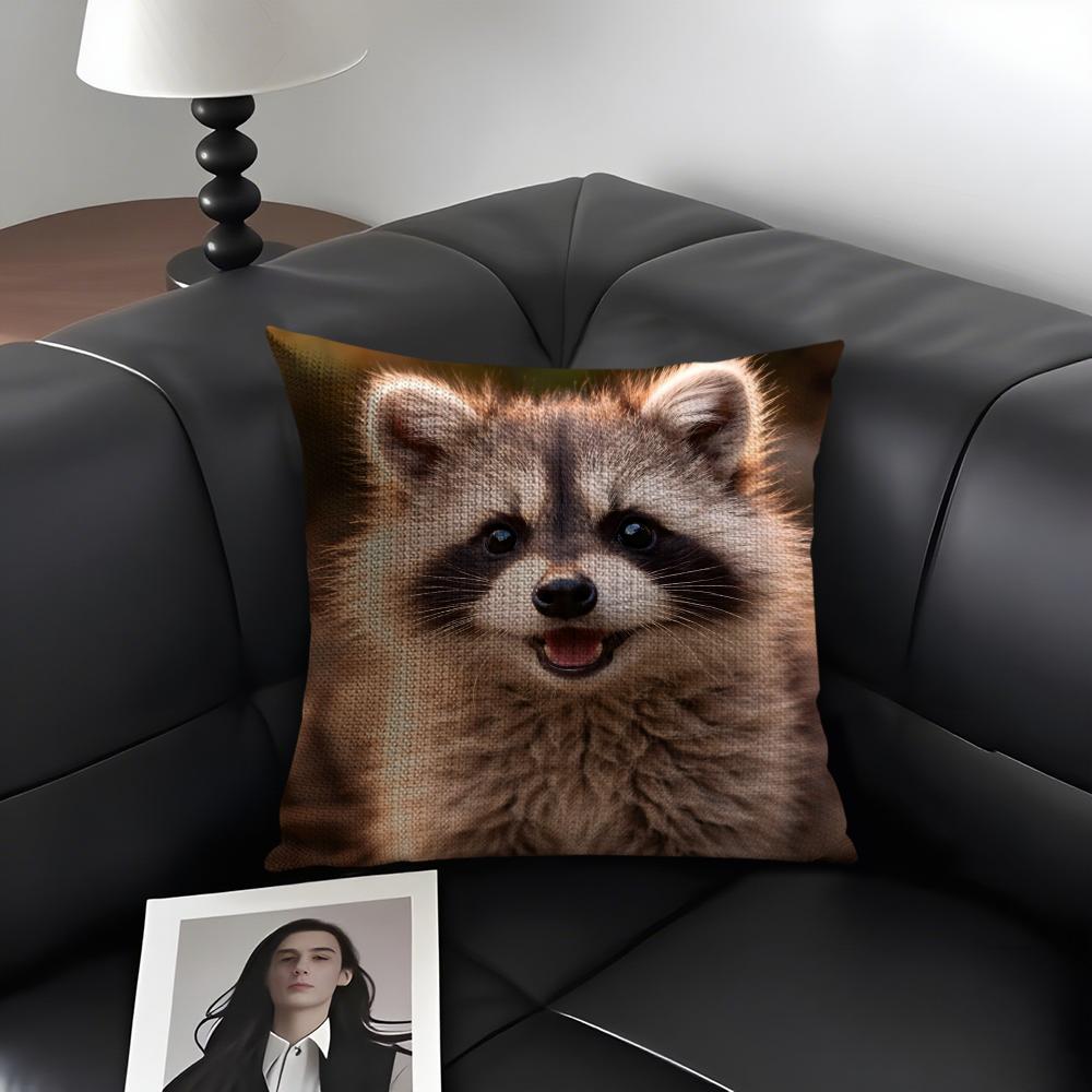 Raccoon Cute Cushion Cover Natural Linen Organic Fabric DoubleSided Printing Sofa Home Decor Gift Pillow Case