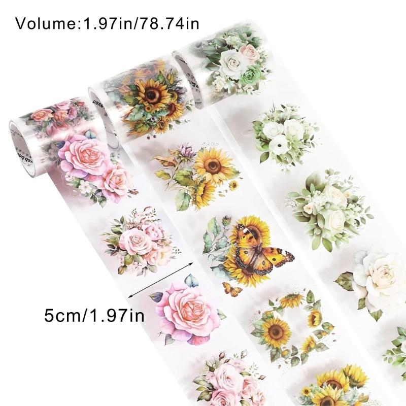 3Rolls Decorative Flower Sticker Water Resistant PET Tape for Scrapbooking Journal Photo Album Skateboard Laptop