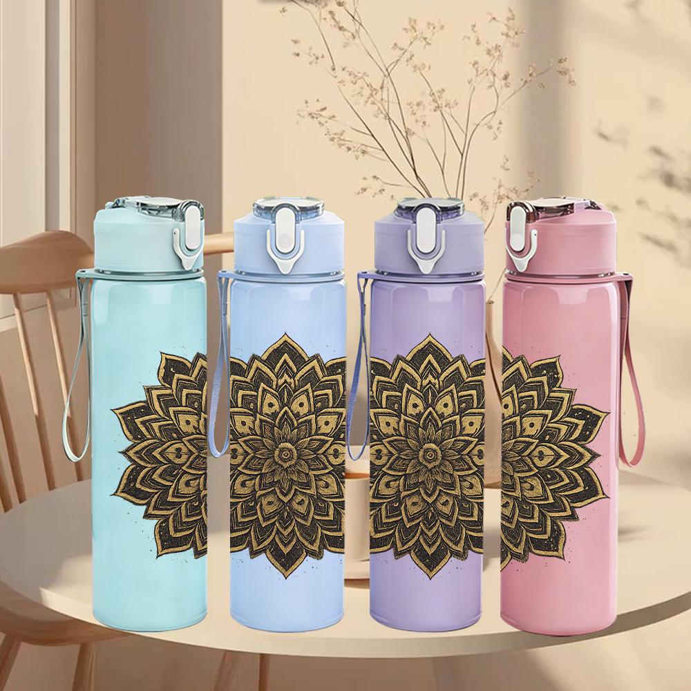 1PC Vintage Mandala Floral Motif 750ml Color Plastic Sports Water Bottle Leakproof Flip Straw Lid For Sports Office Home Use