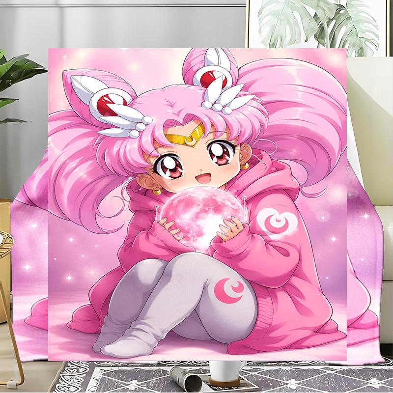 Pink Moon Puella Magi Blanket Flannel Throw for Sofa, Indoor, Camping, Living Room, Office, Chair, And Bed Soft Birthday Gift