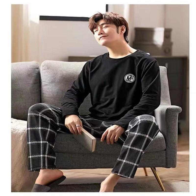Pajamas Men Autumn Long-Sleeved Cotton Autumn and Winter Can Be Worn Outside The Casual Large Size Loose Grey Striped Homewear