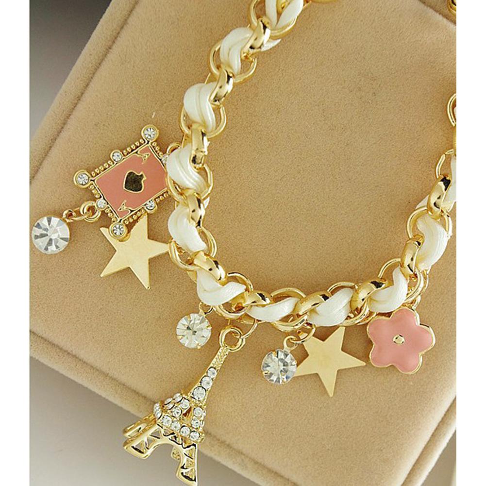 Multielement Gold Chain Leather Rope Crystal Handmade Bracelet Eiffel Tower Star Pendant