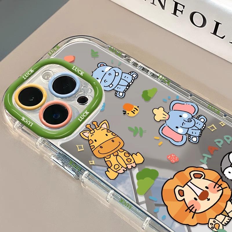 Cartoon Zoo for IPhone16promax Cream Mirror Phone Case Oil Painting for Apple15 Cartoon14