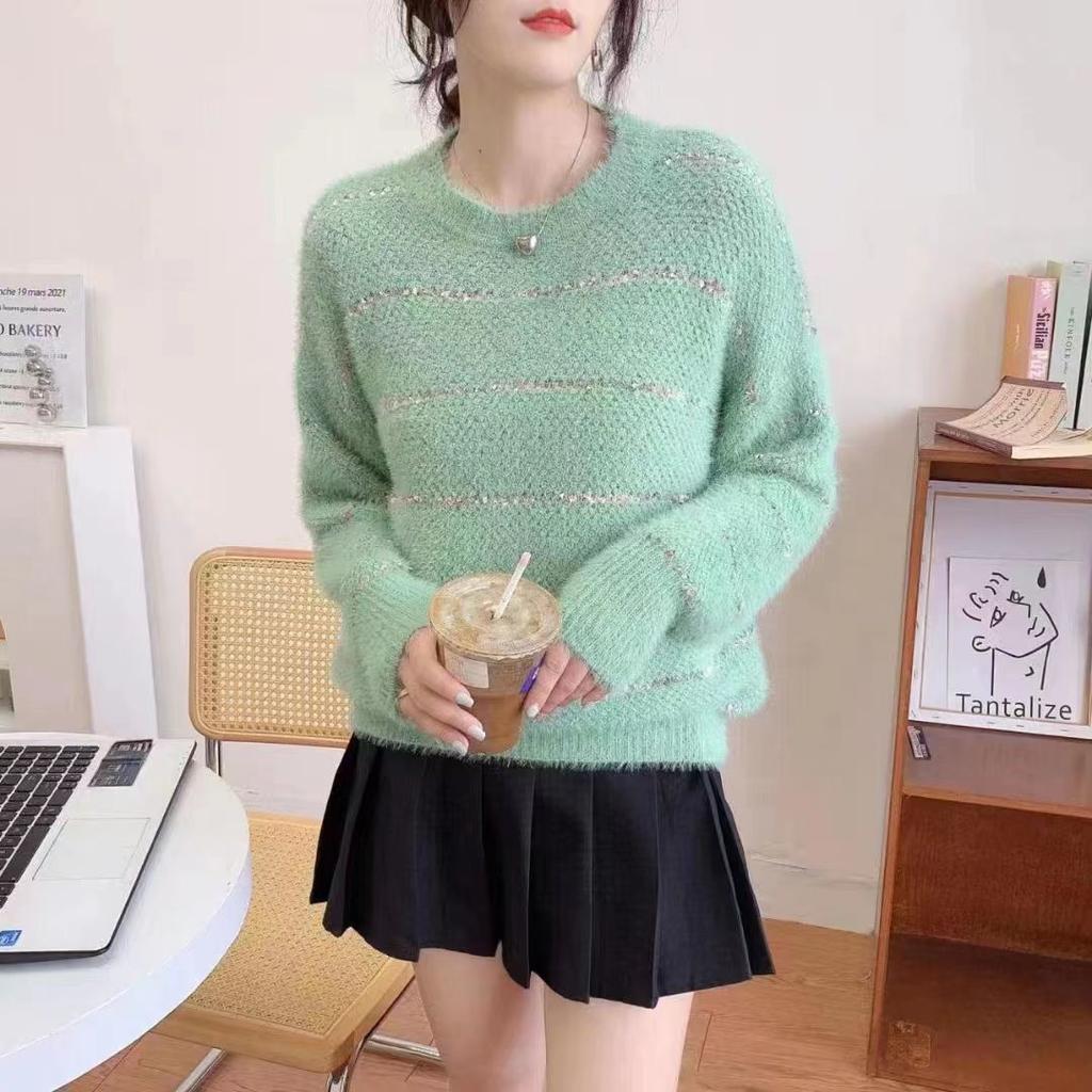 Блестящий шелковый свободный ленивый стиль верхняя одежда пуловер женский круглый вырез вязаный свитер