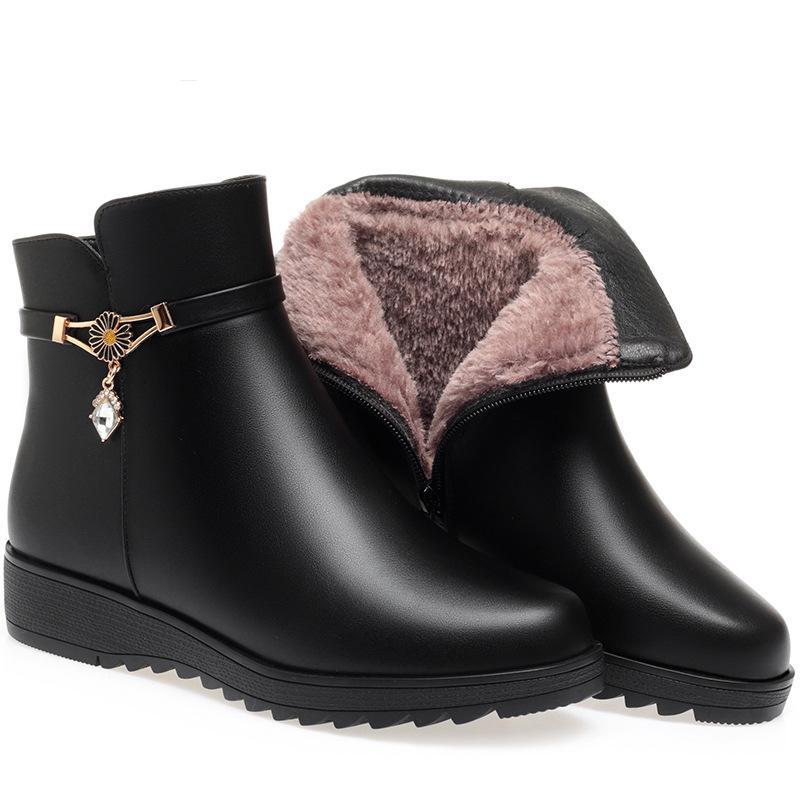 «Женские нескользящие кожаные ботинки на среднем каблуке — осенне-зимняя коллекция с бархатной подкладкой для людей среднего и пожилого возраста»
