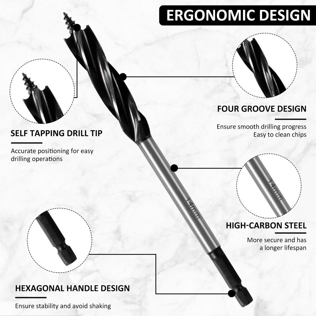 3Pcs Wood Auger Drill Bit Set High-Carbon Steel 4 Flute Cut Drilling Bit Kit 10-14mm Self-Tapping Hex Shank Wood Hole Drill Bit