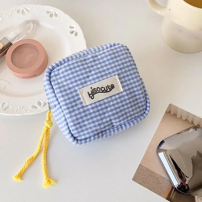 Мини-клетчатая многофункциональная косметичка для хранения помады, минималистичный клетчатый косметичка из полиэстера, маленький кошелек для монет на молнии