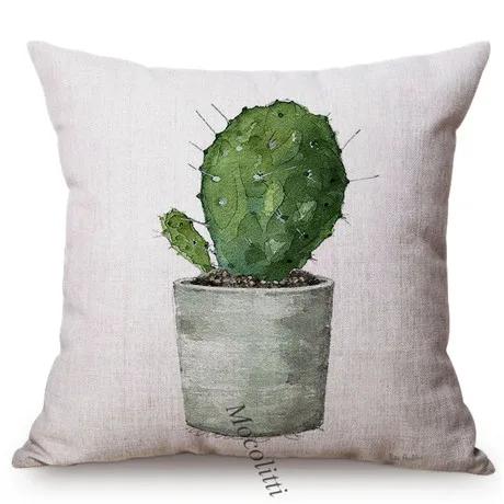 Greens Succulents Cactus Thorns Small Bonsai Design Sofa Decoration Cushion Cover Cotton Linen Office Throw Pillow Case