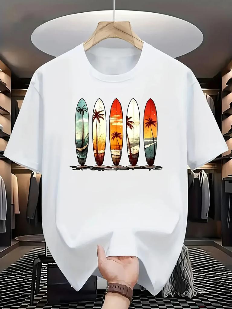 Men's Oversized Graphic T-Shirt in 100% Cotton, Retro Surf Style with Tropical S