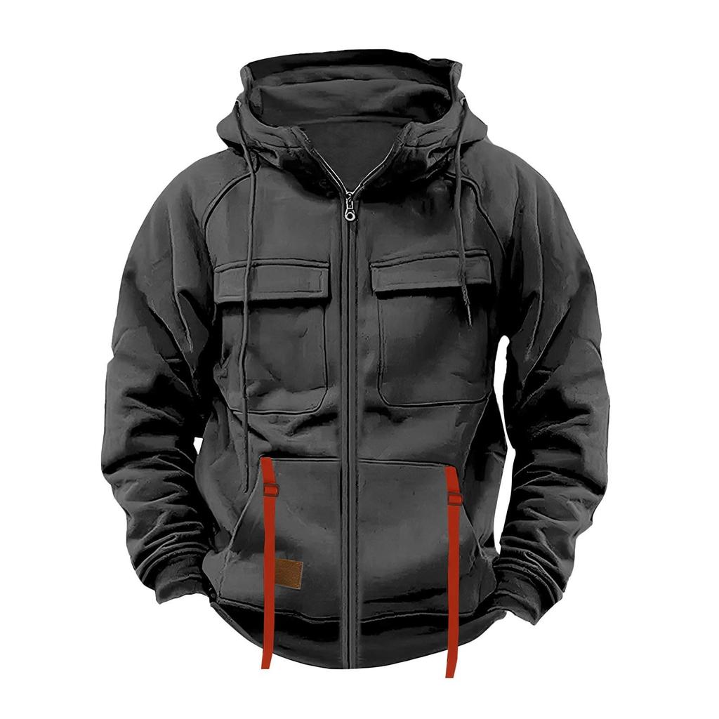 Men's Fashionable Solid Color Long Sleeve Hooded Loose Sweatshirt Sports Multi Pocket Sweatshirt Jacket