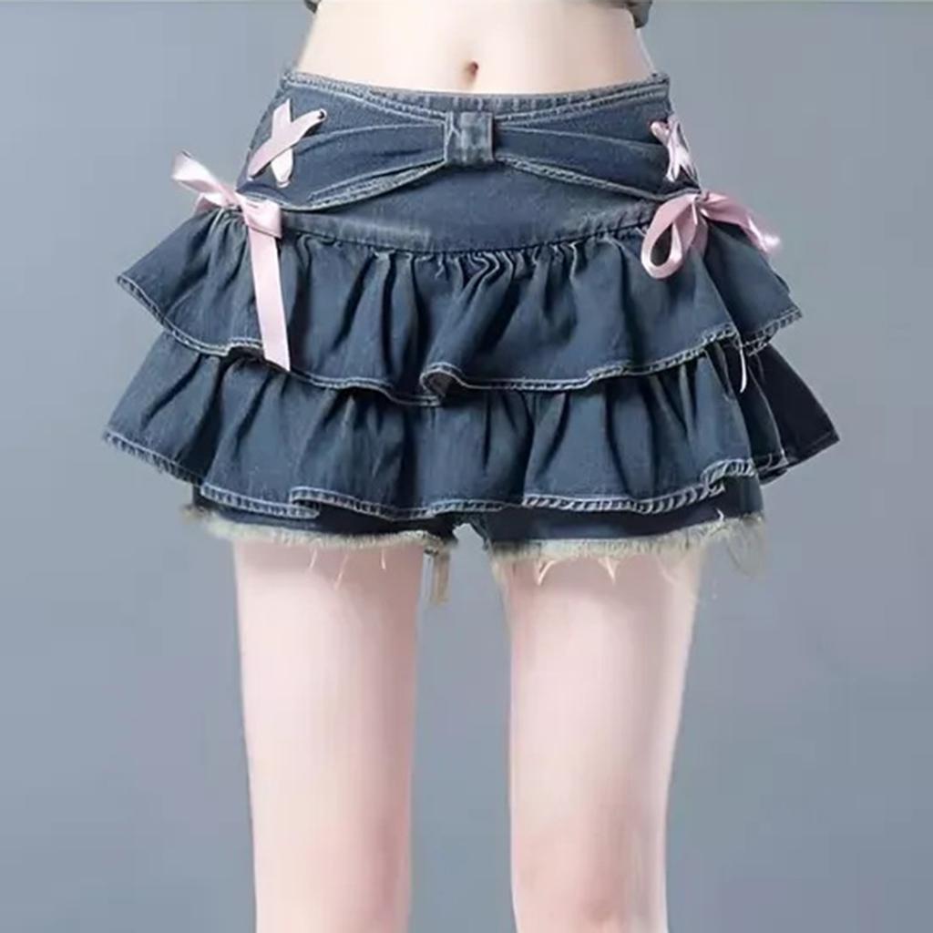 Ladies' Blue Denim Pleated Skirt, Half-length Culottes And Puffy Skirt