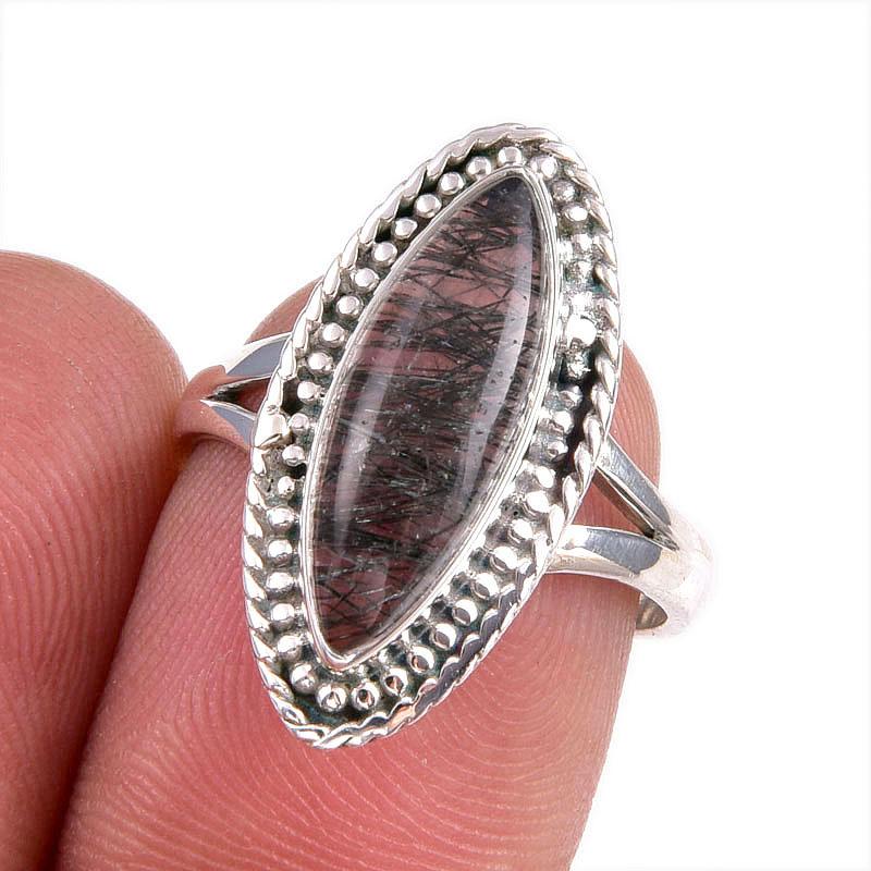 Natural Black Rutile Gemstone 925 Solid Sterling Silver Jewelry Ring S.6.5 U8N76