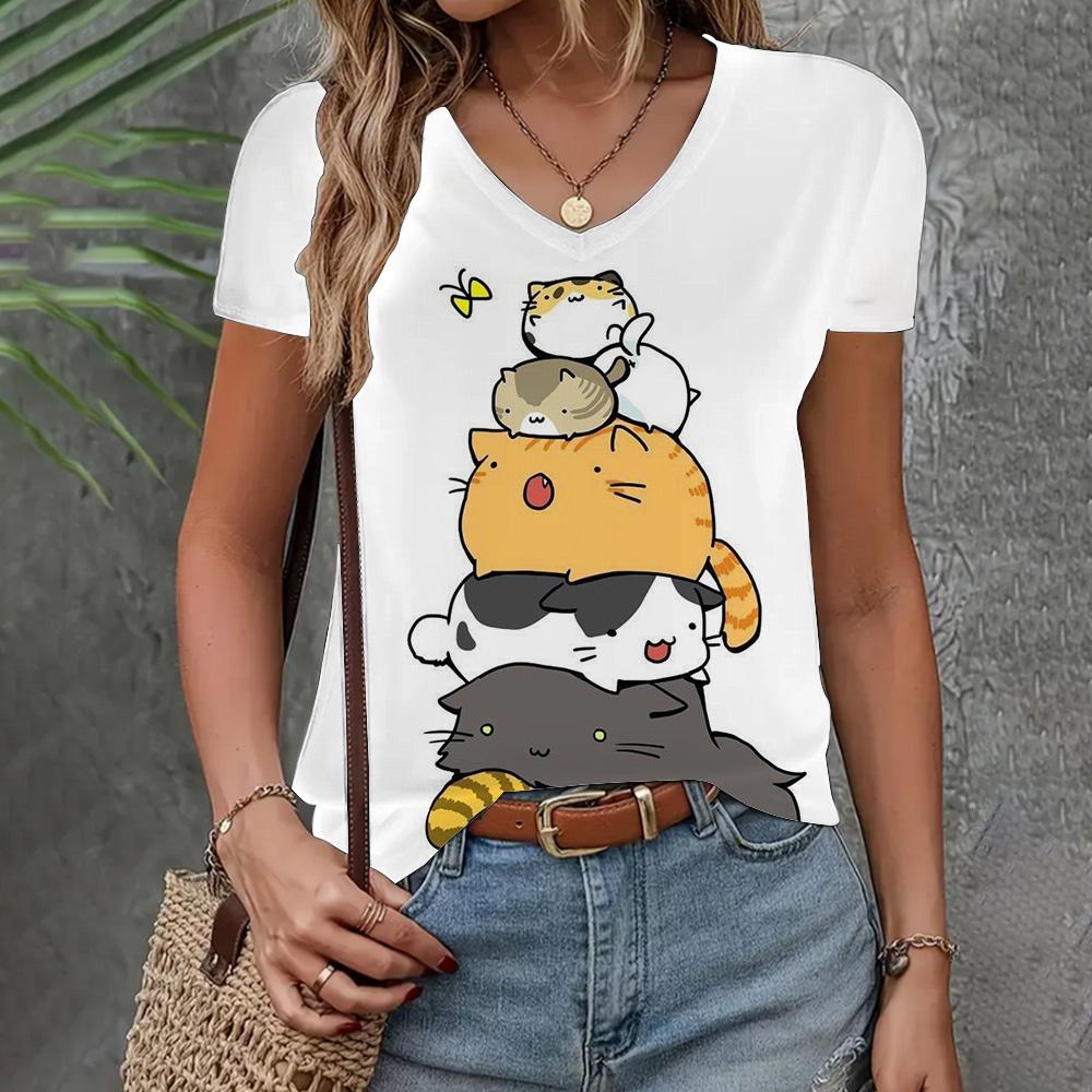 Женская одежда Футболка Новая V-образная горловина с коротким рукавом и рисунком кошки Модный топ Летняя свободная и дышащая одежда Женская футболка