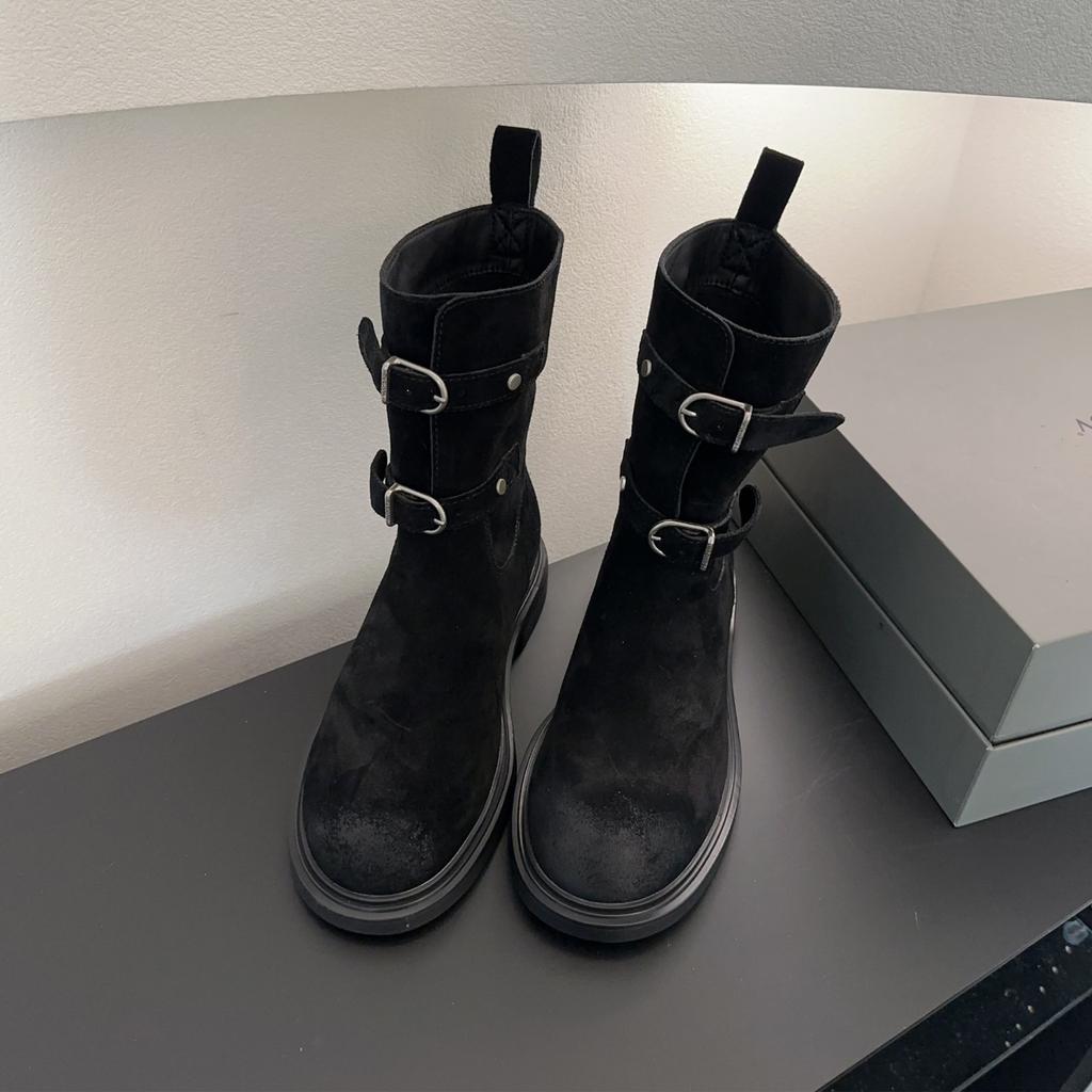 Версия из овчины~ ретро пряжка ремня пустошь вестерн ковбойские сапоги круглый носок полированные короткие сапоги женские на толстой подошве сапоги-рыцари