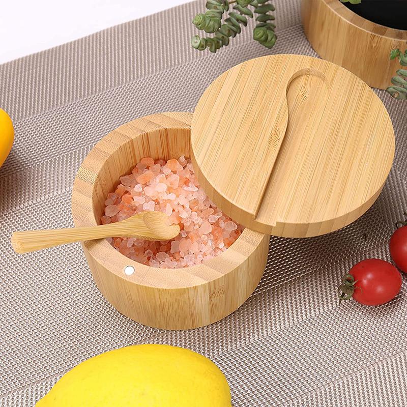 Бамбуковая солонка с мини-ложкой, кухонная солонка с крышкой, контейнер для хранения специй и перца